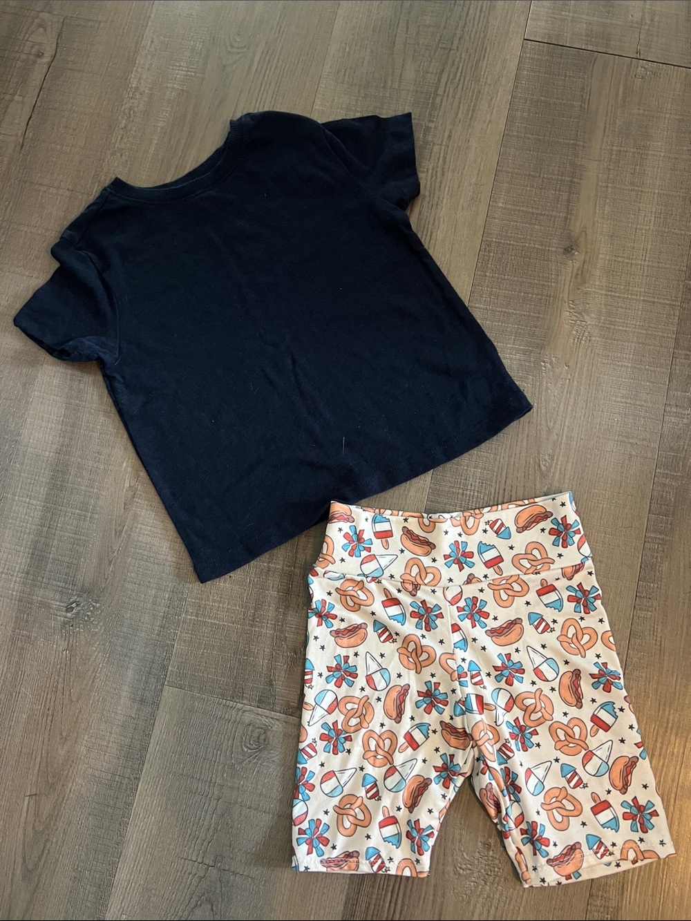 Navy Short Sleeve Top with Patterned Snack-Print Bike Shorts